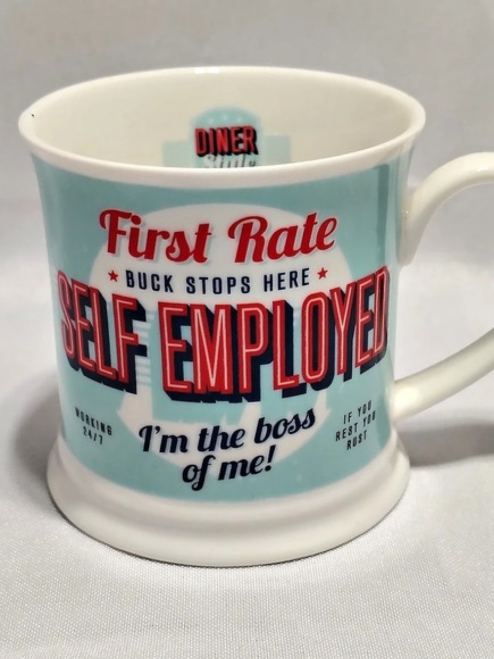 H&H Diner Style Self Employed Mug Blue & White Mug, Fun Gift